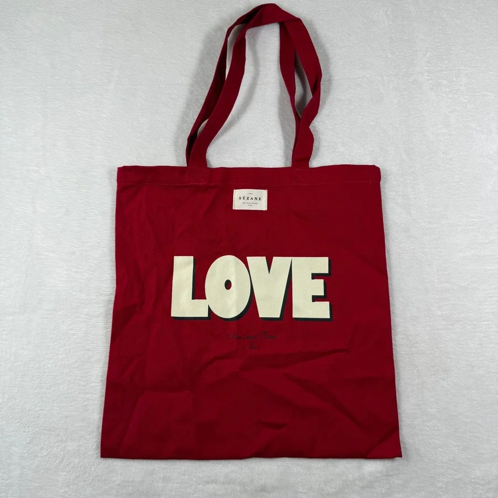 Sezane Red LOVE‎ Graphic Cotton Canvas Tote Bag Paris French Chic Shopping Bag